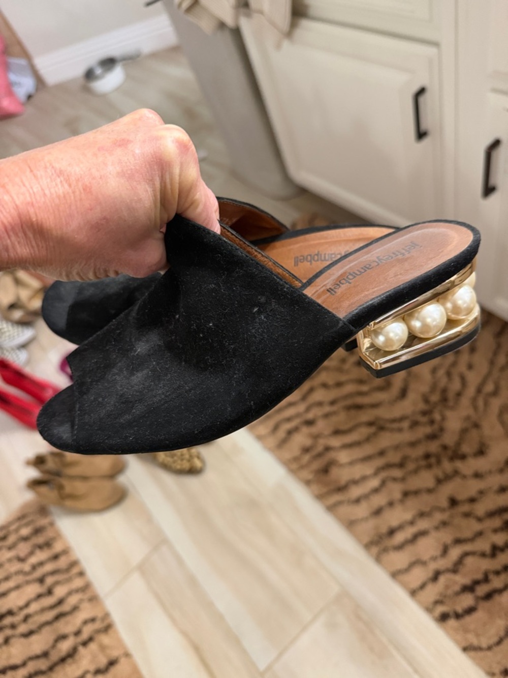 Jeffrey Campbell Black Suede Pearl-Trim Slide Mules
